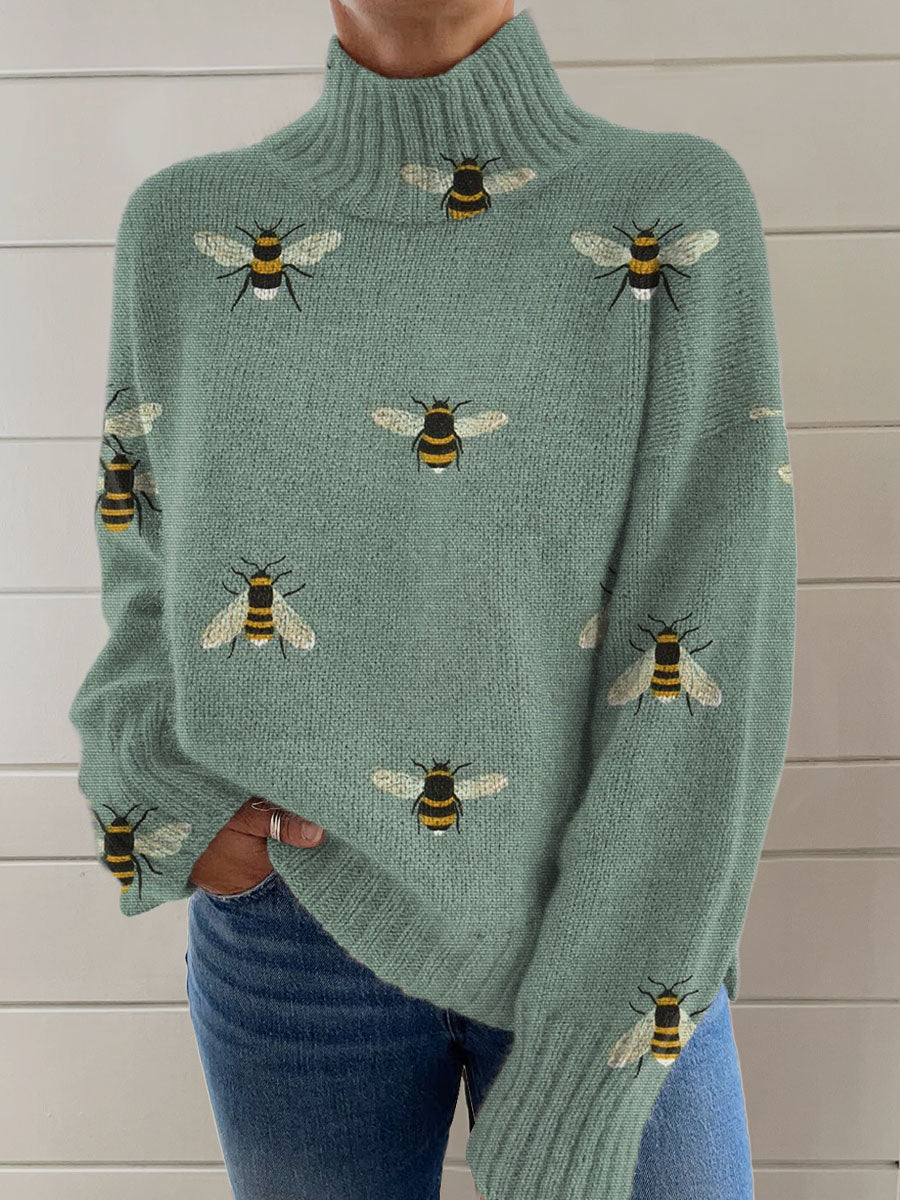 Funny Bee Art Print Knit Turtleneck Pullover Sweater