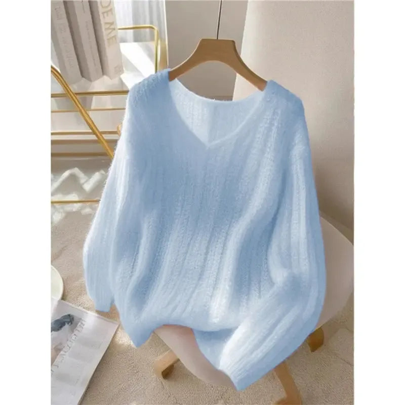 Blue Long Sleeve Plain Sweater