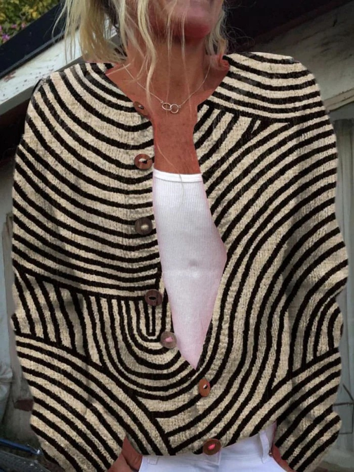 Retro Line Drawn Pattern Cardigan Sweater with Buttons
