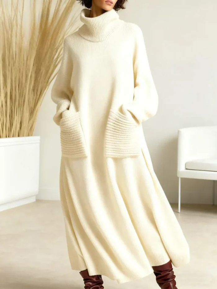 Women's Solid Color High-Neck Long-Sleeve Casual Cotton Knit Dress