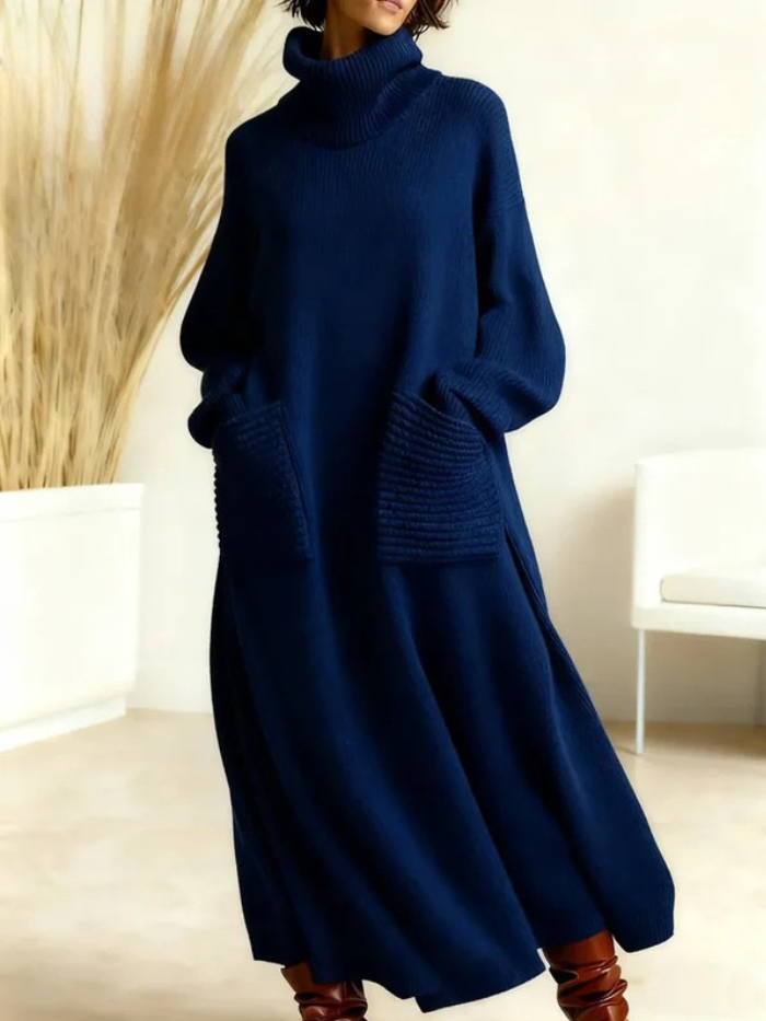 Women's Solid Color High-Neck Long-Sleeve Casual Cotton Knit Dress