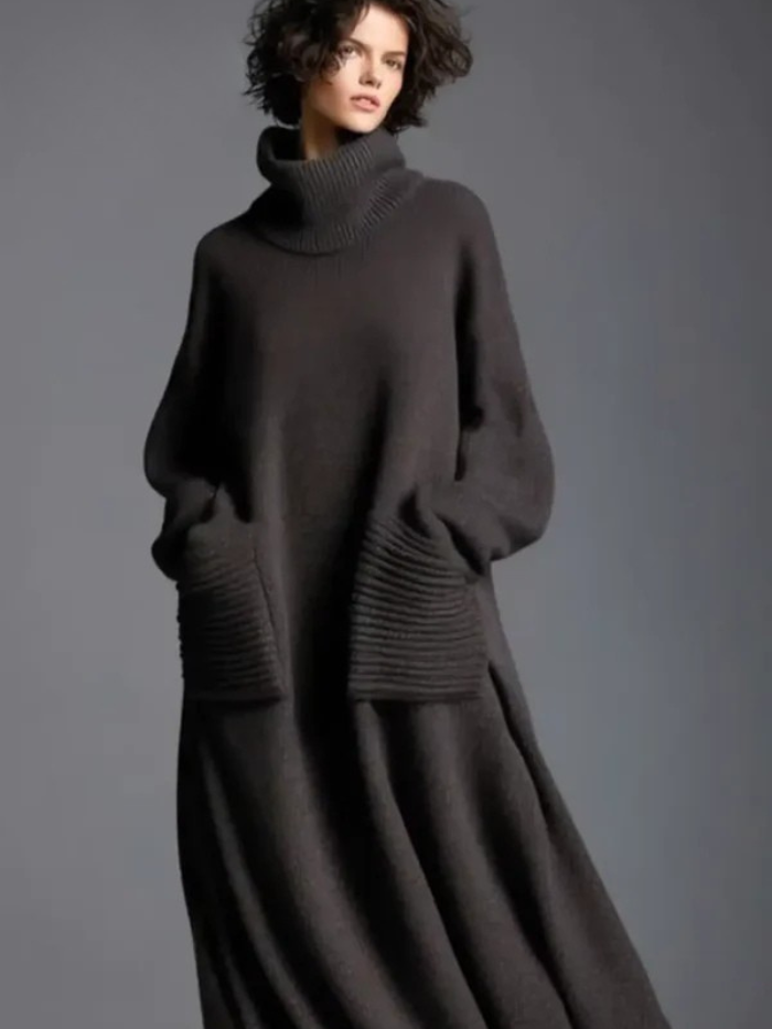 Women's Solid Color High-Neck Long-Sleeve Casual Cotton Knit Dress