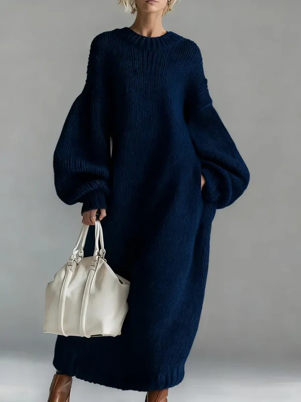 Women's Solid Color Round Neck Long Sleeve Casual Loose Knit Cotton Dress