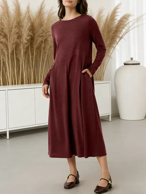 Women's Solid Color Round Neck Long Sleeve Casual Loose Knit Cotton Dress