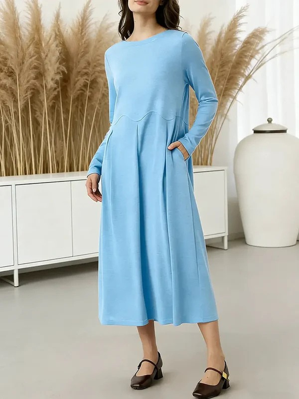 Women's Solid Color Round Neck Long Sleeve Casual Loose Knit Cotton Dress