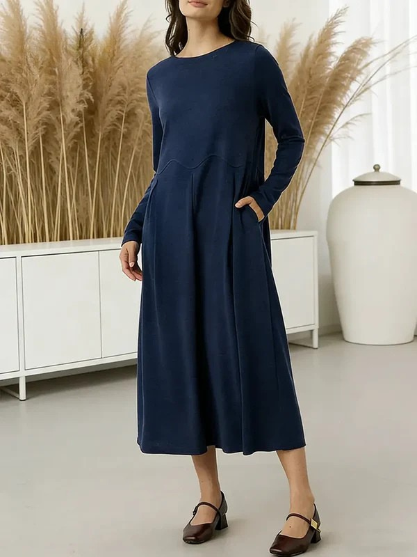 Women's Solid Color Round Neck Long Sleeve Casual Loose Knit Cotton Dress