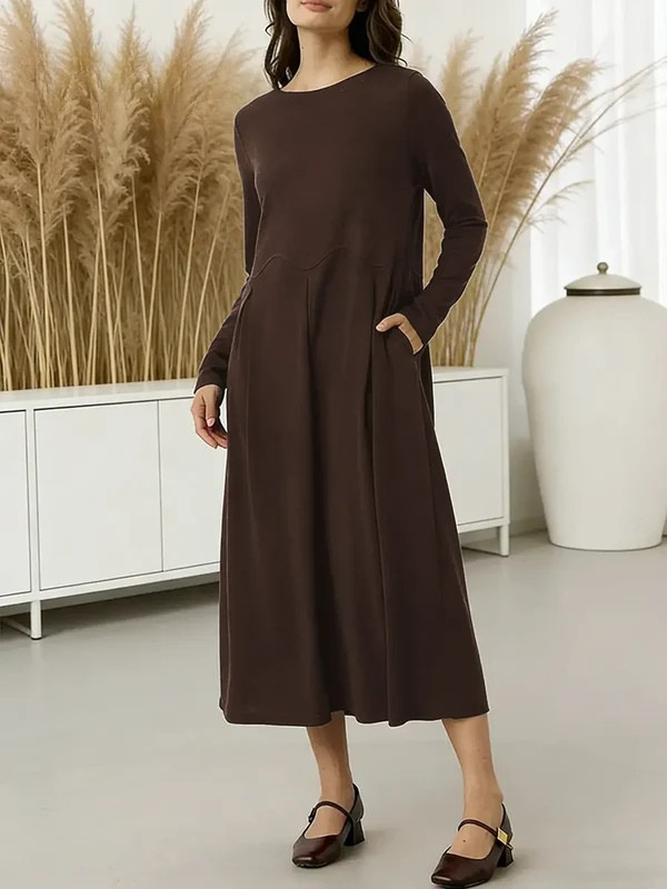 Women's Solid Color Round Neck Long Sleeve Casual Loose Knit Cotton Dress