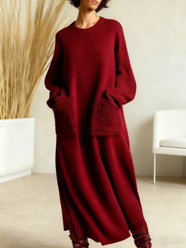 Women's Solid Color Round Neck Long Sleeve Casual Pocket Loose Knit Cotton Dress
