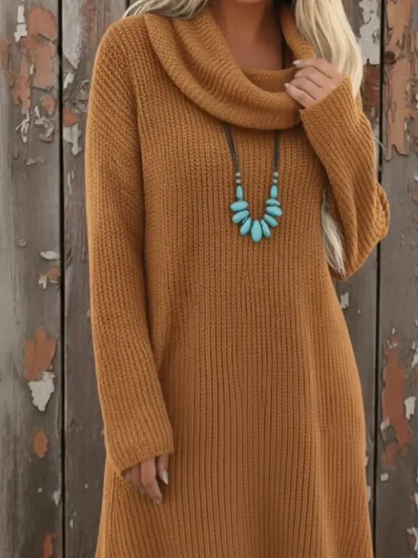 Cozy Cowl Neck Loose A-line Knit Cotton Dress