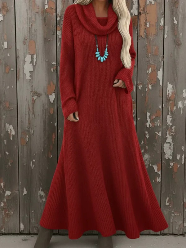 Cozy Cowl Neck Loose A-line Knit Cotton Dress