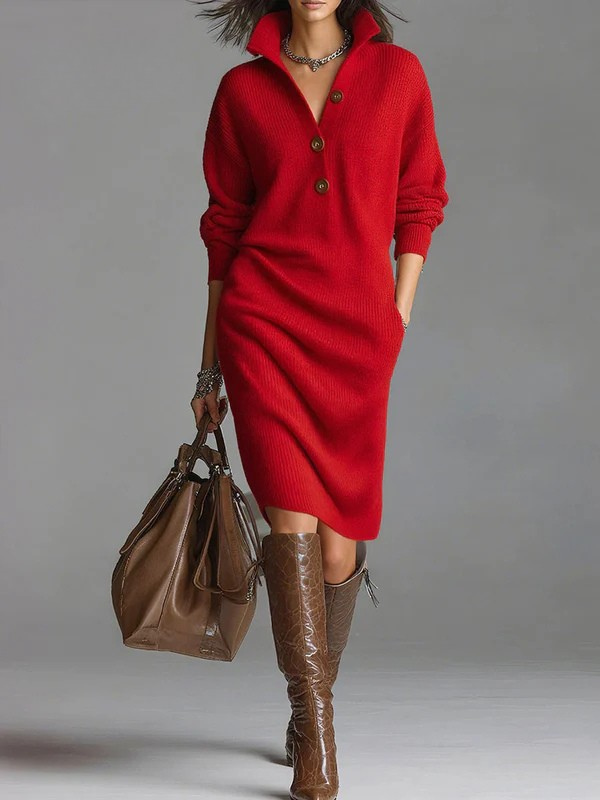 Women's Solid Color Stand Collar Long Sleeve Casual Loose Knitted Cotton Dress