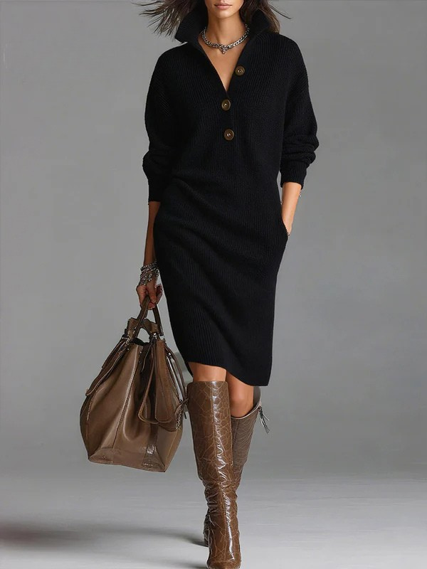 Women's Solid Color Stand Collar Long Sleeve Casual Loose Knitted Cotton Dress
