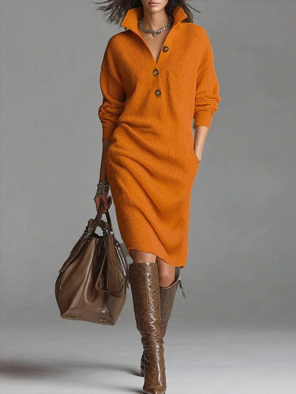 Women's Solid Color Stand Collar Long Sleeve Casual Loose Knitted Cotton Dress