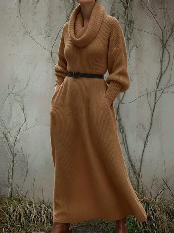 Cozy Elegant Cowl Collar Knit Cotton Dress