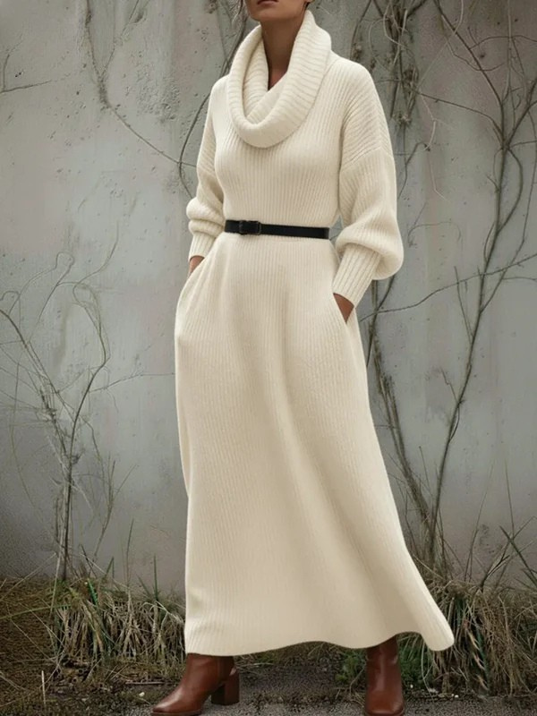 Cozy Elegant Cowl Collar Knit Cotton Dress
