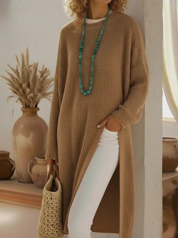 Elegant Cozy Slit Loose Knit Cotton Dress