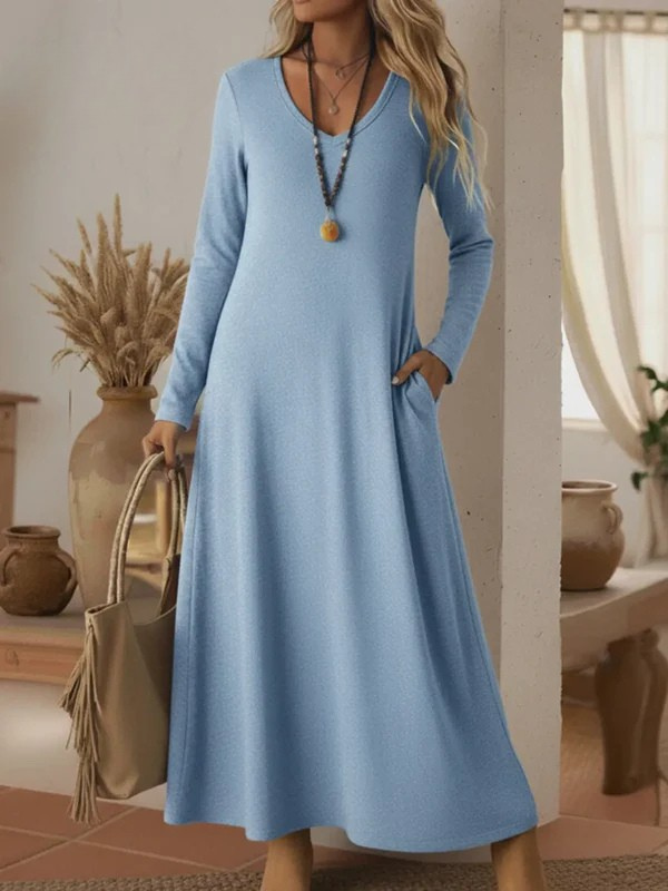 Cozy Basic Casual V-neck Solid Color Knit Cotton Dress