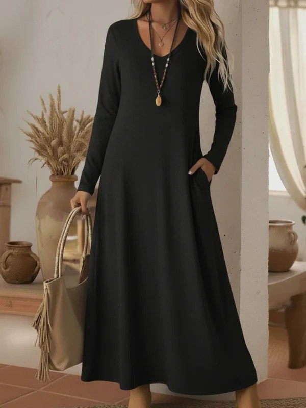 Cozy Basic Casual V-neck Solid Color Knit Cotton Dress