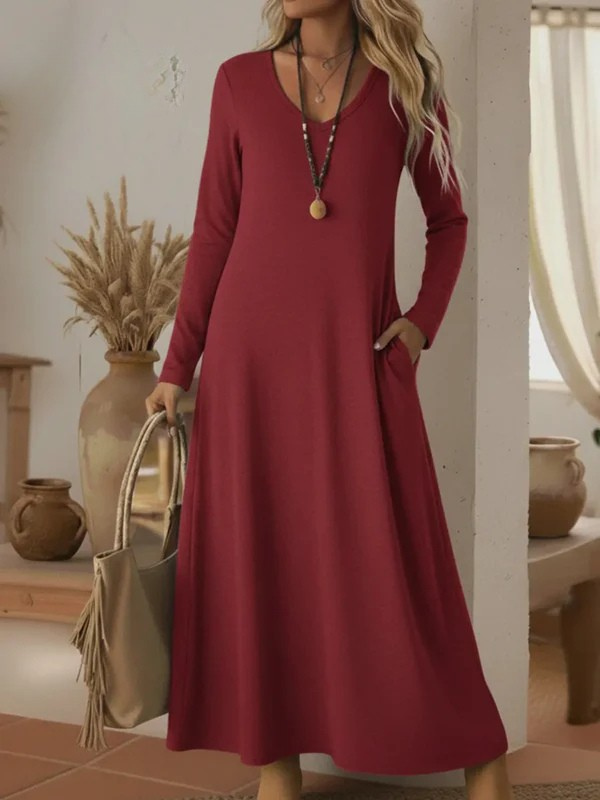 Cozy Basic Casual V-neck Solid Color Knit Cotton Dress