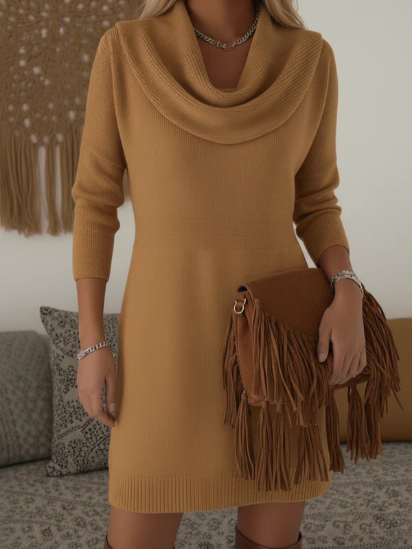 Elegant and Soft Solid Color Cowl Neck Knit Cotton Dress