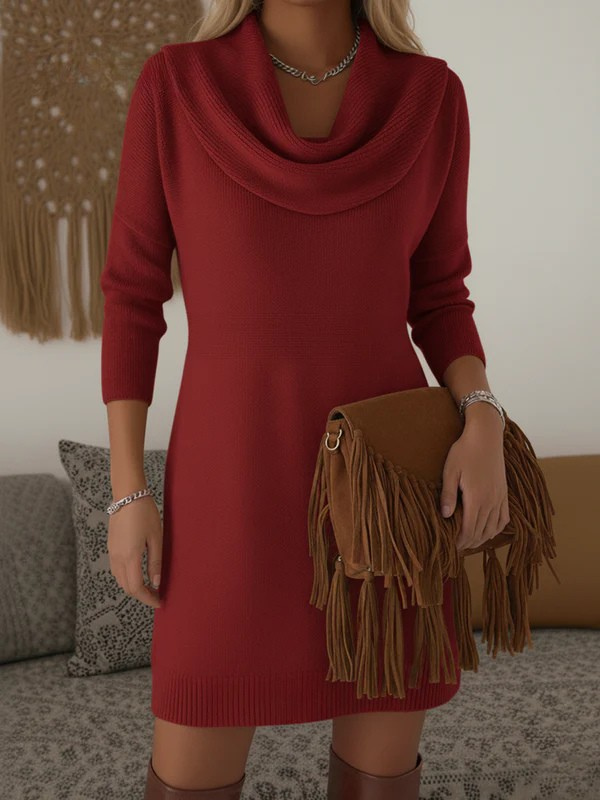 Elegant and Soft Solid Color Cowl Neck Knit Cotton Dress