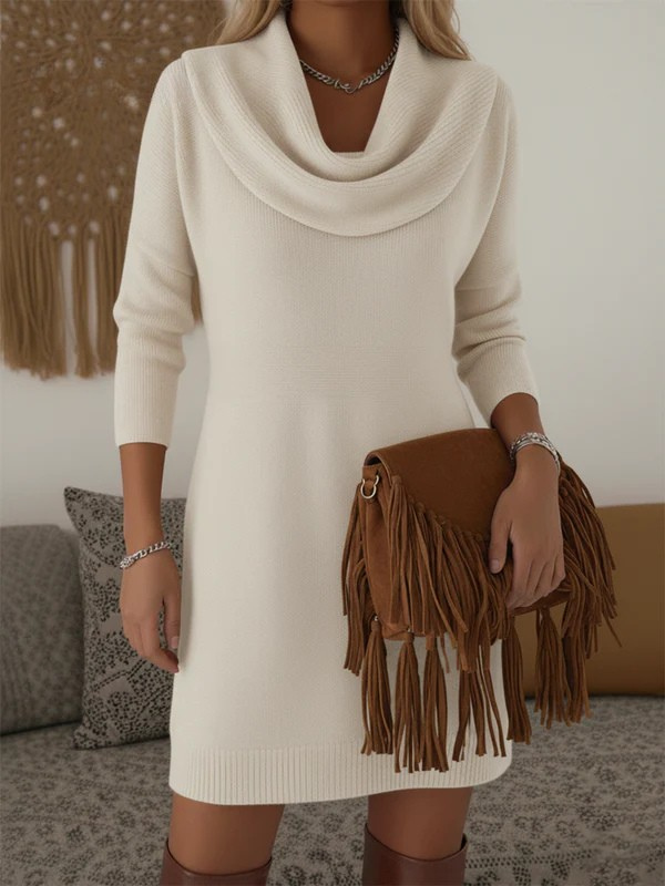 Elegant and Soft Solid Color Cowl Neck Knit Cotton Dress