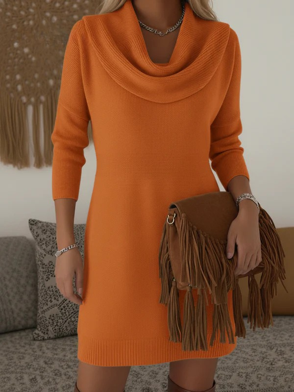 Elegant and Soft Solid Color Cowl Neck Knit Cotton Dress
