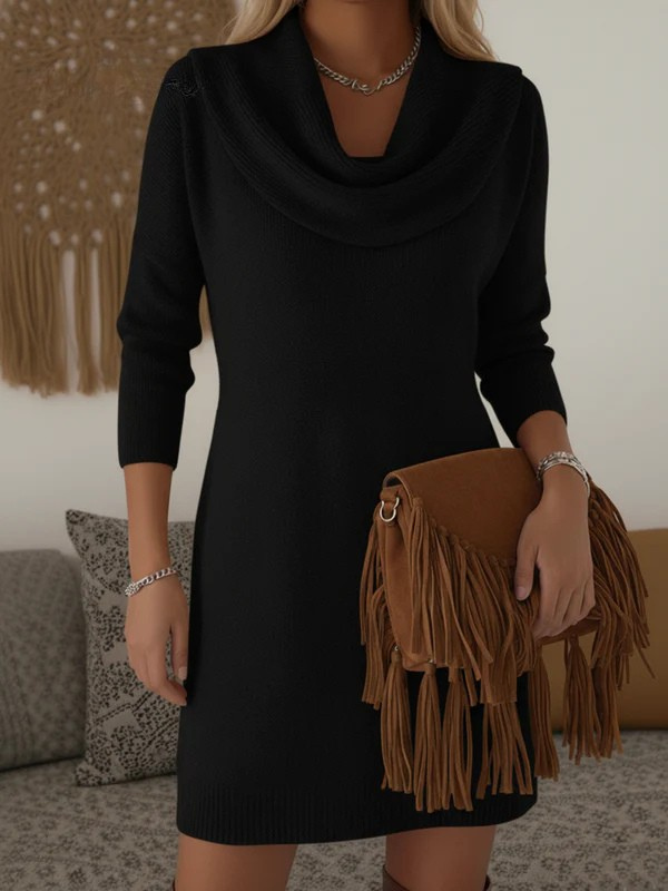 Elegant and Soft Solid Color Cowl Neck Knit Cotton Dress