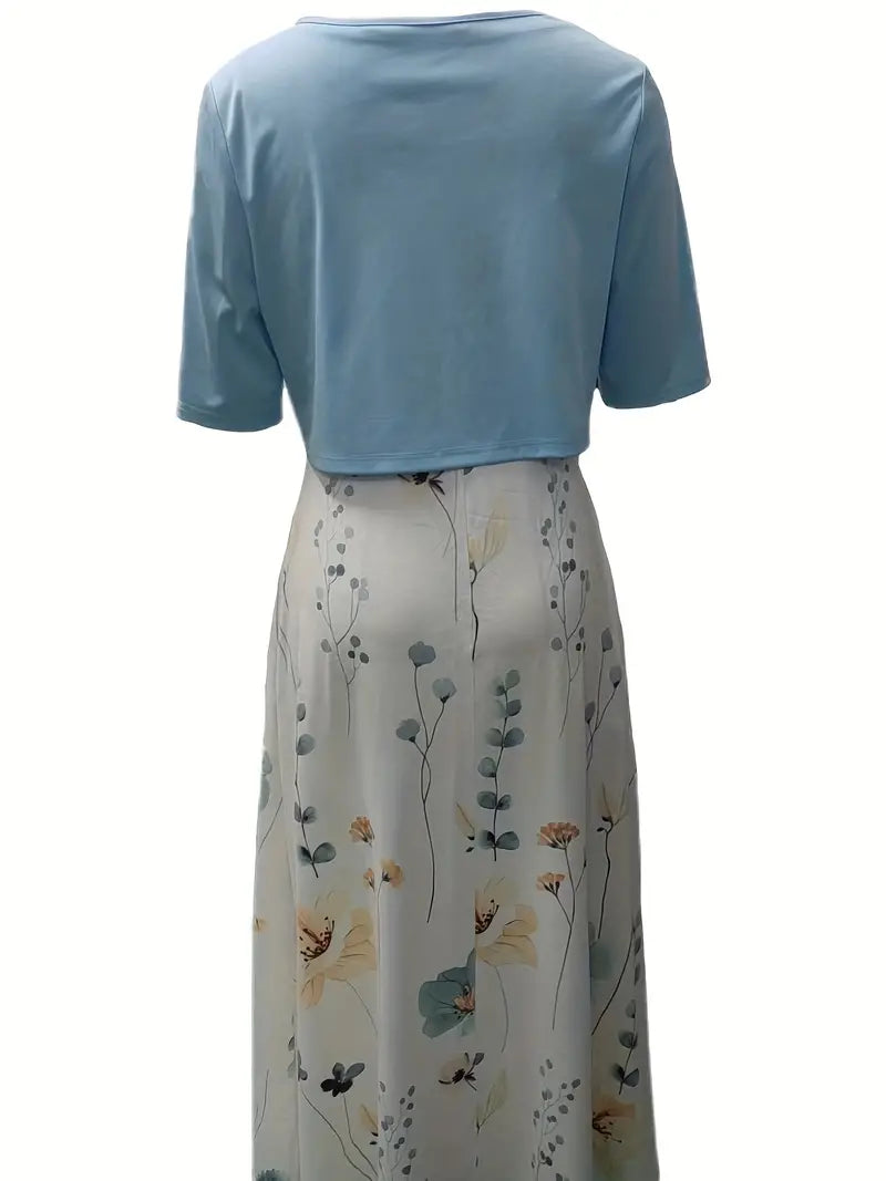 Stylish Floral Two-Piece Dress Set with Solid Crop Top and Round Neckline