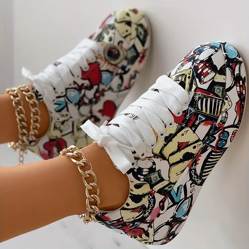 Graffiti Print Layered Sneakers for Women