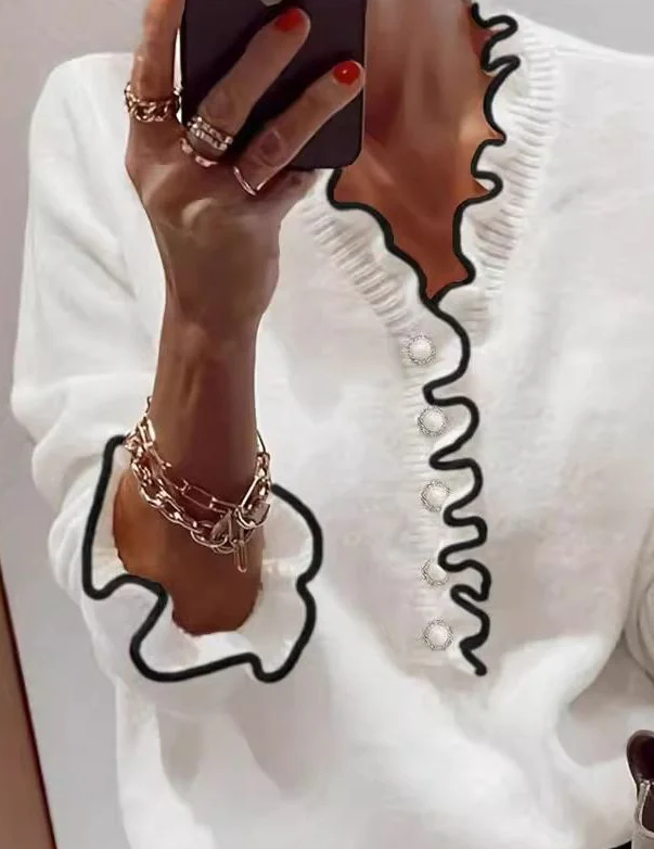 Unique Trim V-Neck Long Sleeve Sweater