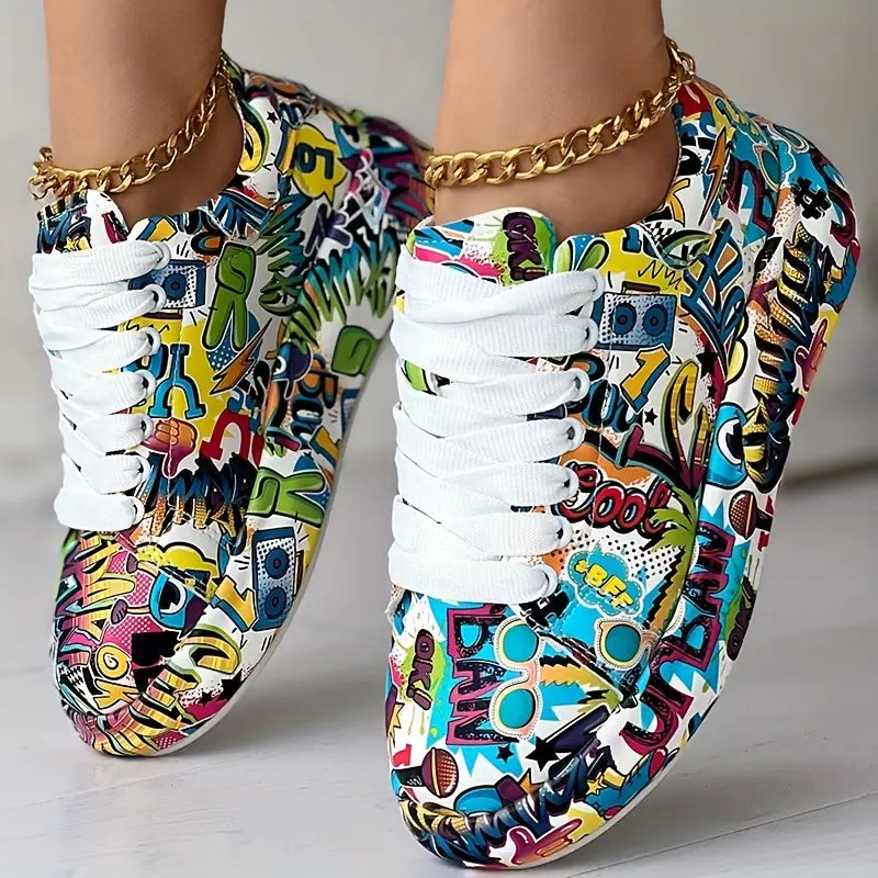 Graffiti Print Layered Sneakers for Women