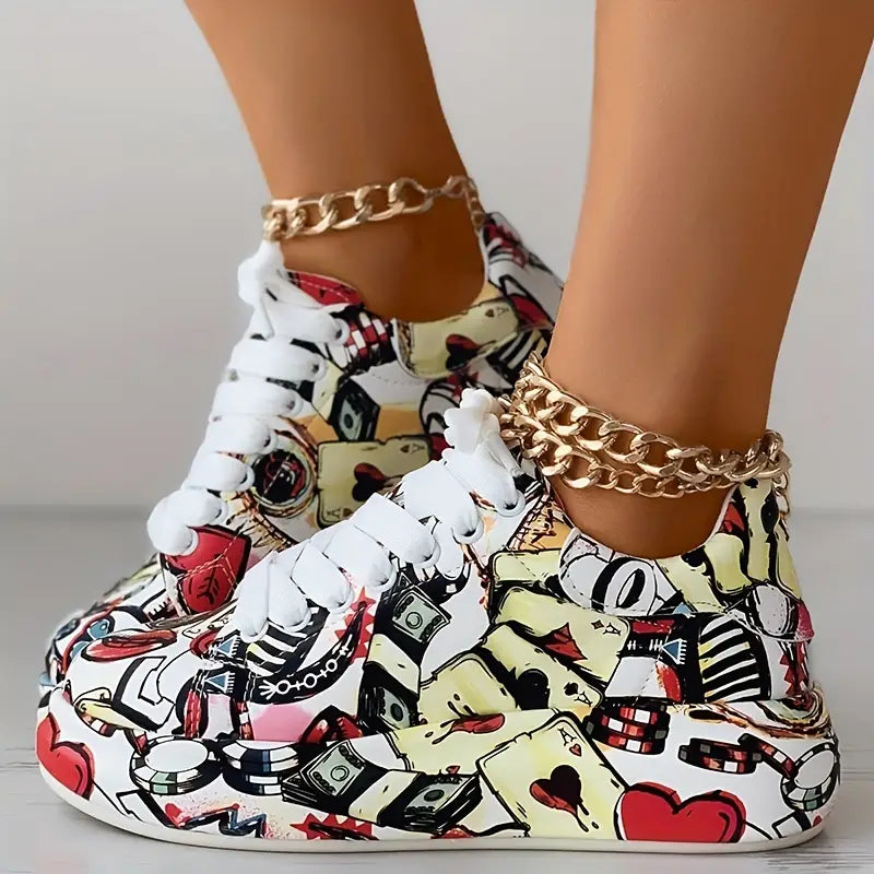 Graffiti Print Layered Sneakers for Women