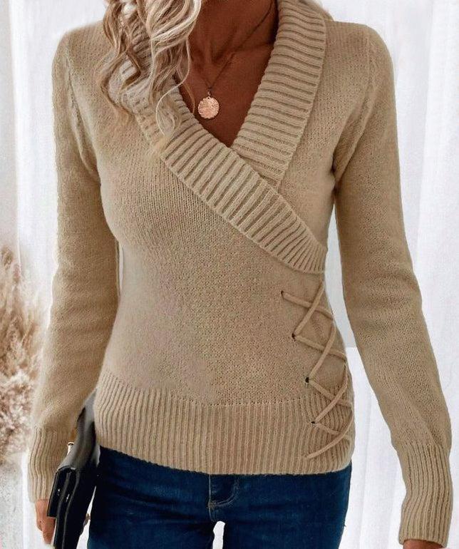 Apricot Plain V-Neck Long Sleeve Sweater