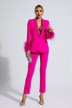 Feather-Accented Blazer Set Adorned with Diamonds