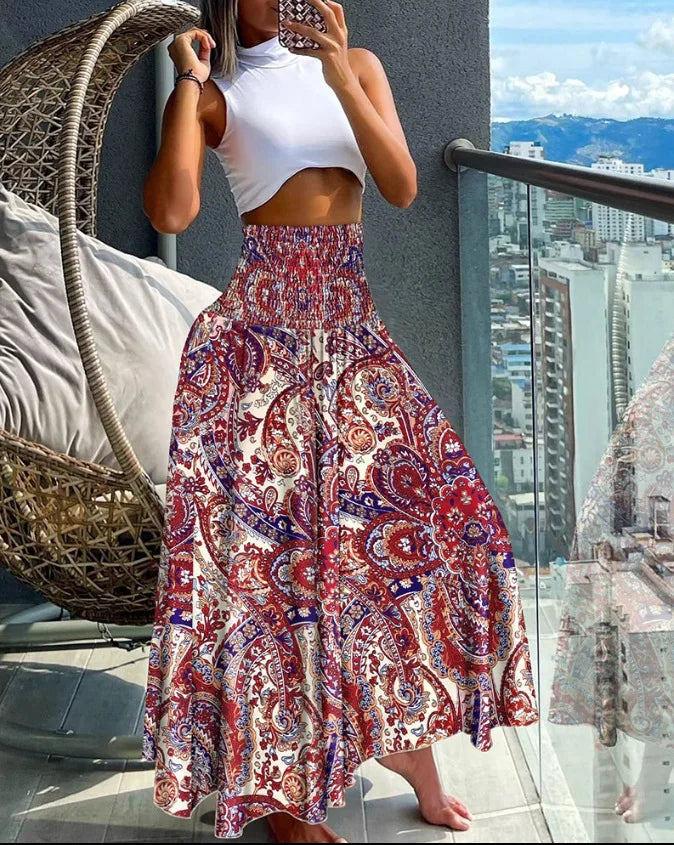 Elegant Flowing High-Waisted A-Line Skirt with Comfortable Elastic Waist