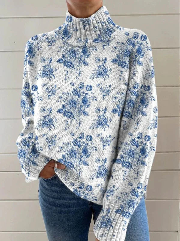 Lovely Floral Pattern Art Print Knit Turtleneck Pullover Sweater