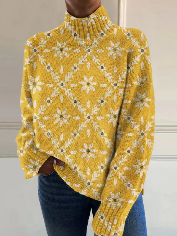 Vintage Color Block Floral Art Print Knit Turtleneck Pullover Sweater