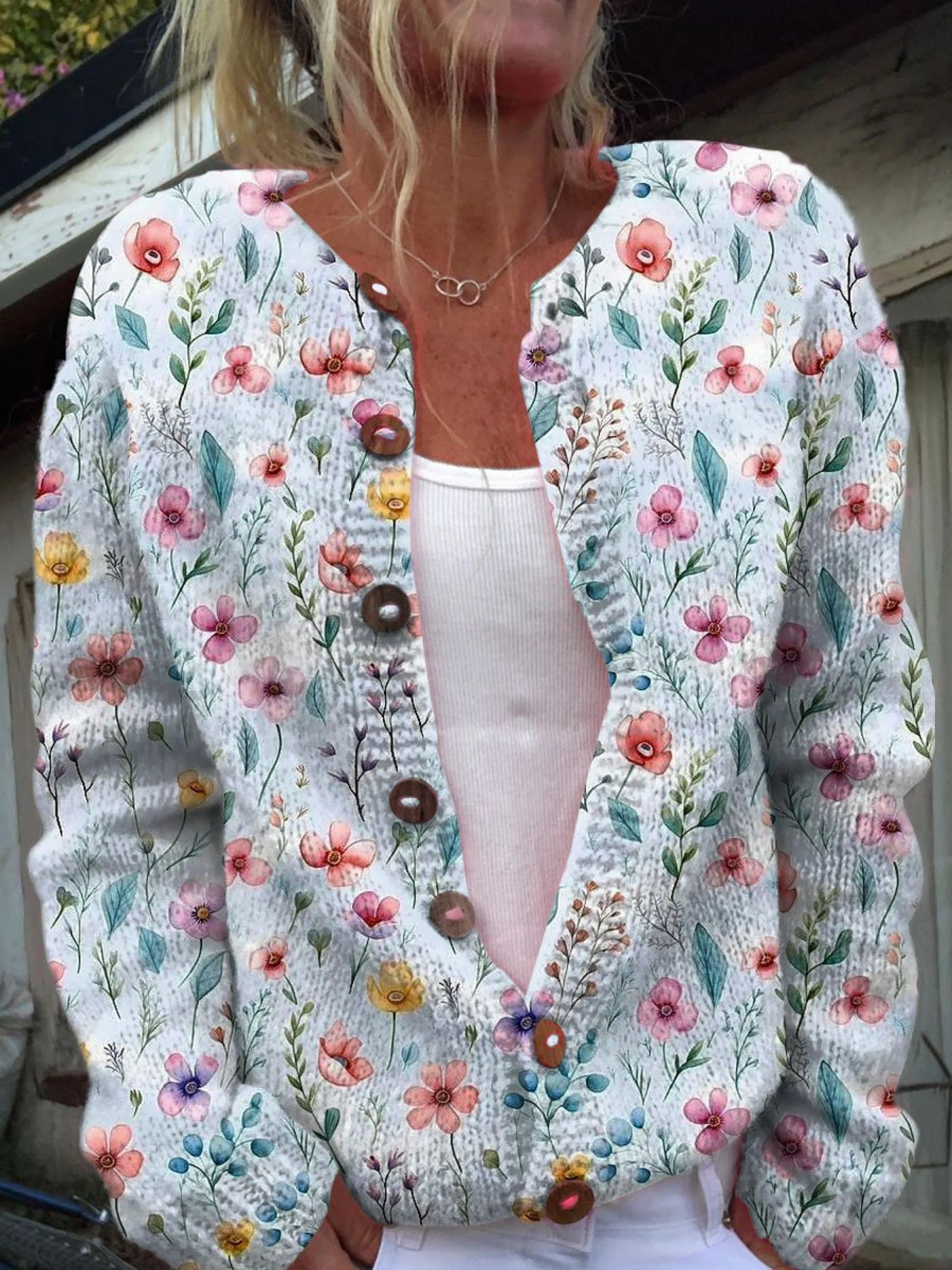 Vintage Flower Art Print Buttoned Cardigan Sweater