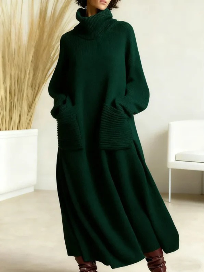 Women's Solid Color High-Neck Long-Sleeve Casual Cotton Knit Dress