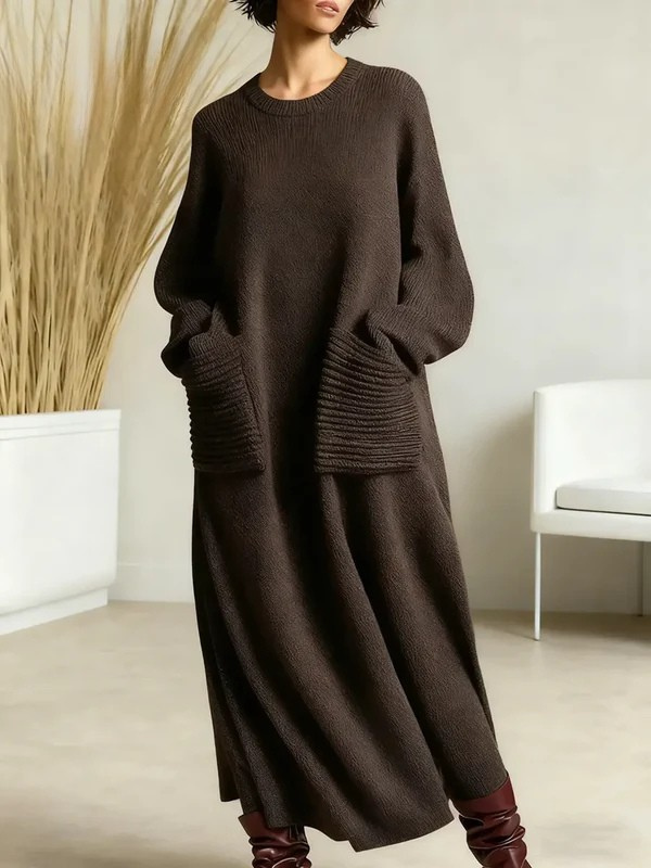 Women's Solid Color Round Neck Long Sleeve Casual Pocket Loose Knit Cotton  Dress