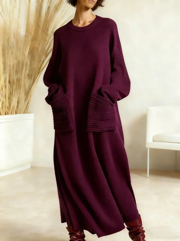 Women's Solid Color Round Neck Long Sleeve Casual Pocket Loose Knit Cotton  Dress