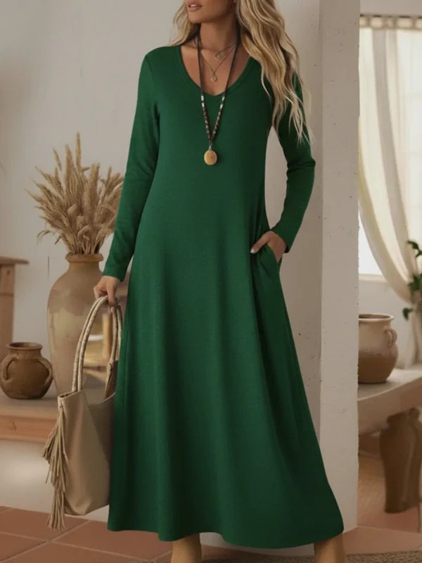 Cozy Basic Casual V-neck Solid Color Knit Cotton  Dress